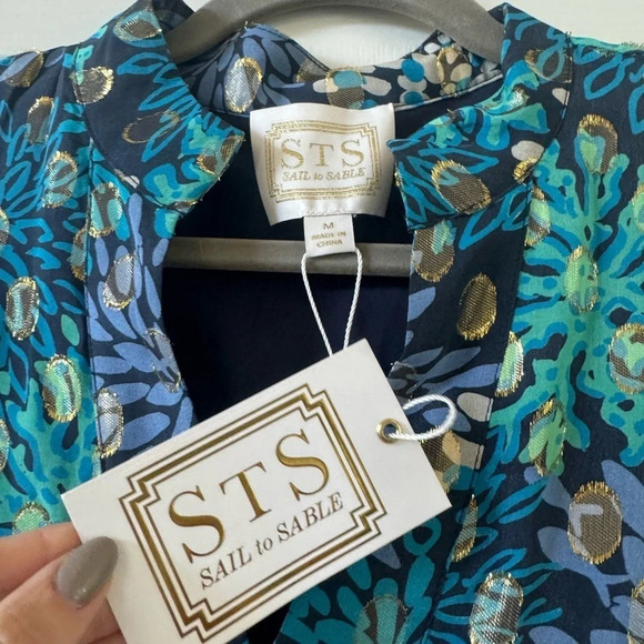 NWT STS Sail to Sable Floral Silk Teal, Blue anf Gold Metallic Dress size Medium - Picture 4 of 10